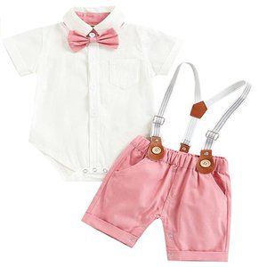 Boys 12-18 mos Easter Pink Shorts White Shirt & Suspender Set